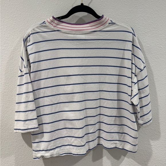 Quiksilver Striped Cropped Crewneck Surf Beach White Blue Pink T-Shirt Large - Picture 7 of 13